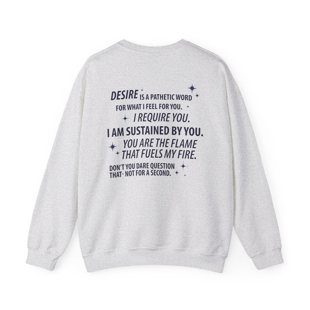 thtgrlreads official Kindred's Curse Saga crewneck sweatshirt featuring a vintage-washed Comfort Colors base with bold black text graphic quoting intense romance on the back.