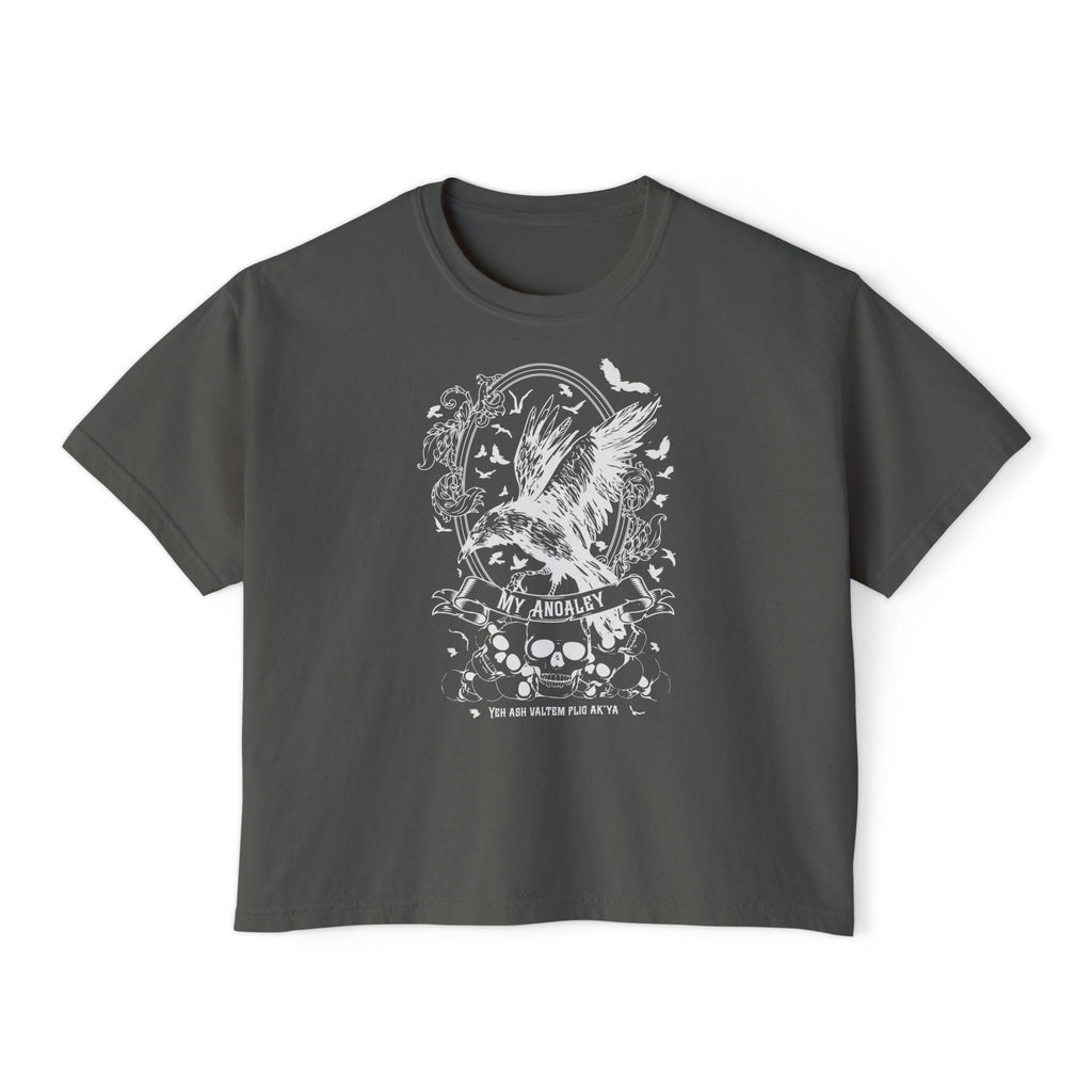 thtgrlreads Liv Zander collection cropped Comfort Colors t-shirt in dark gray with vintage-style white graphic featuring a soaring bird, skulls, and gothic floral accents, offered by Printify.