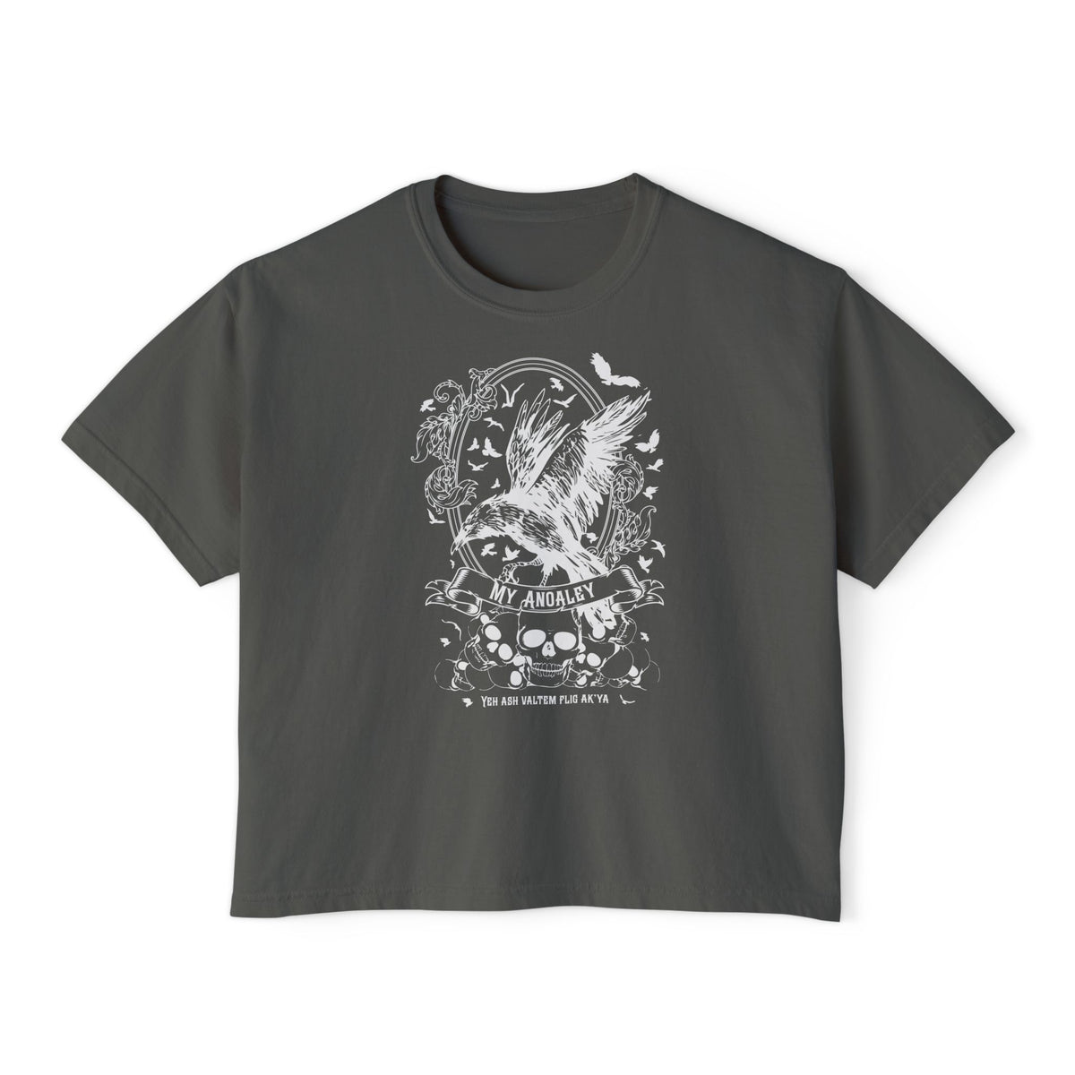 thtgrlreads Liv Zander collection cropped Comfort Colors t-shirt in dark gray with vintage-style white graphic featuring a soaring bird, skulls, and gothic floral accents, offered by Printify.