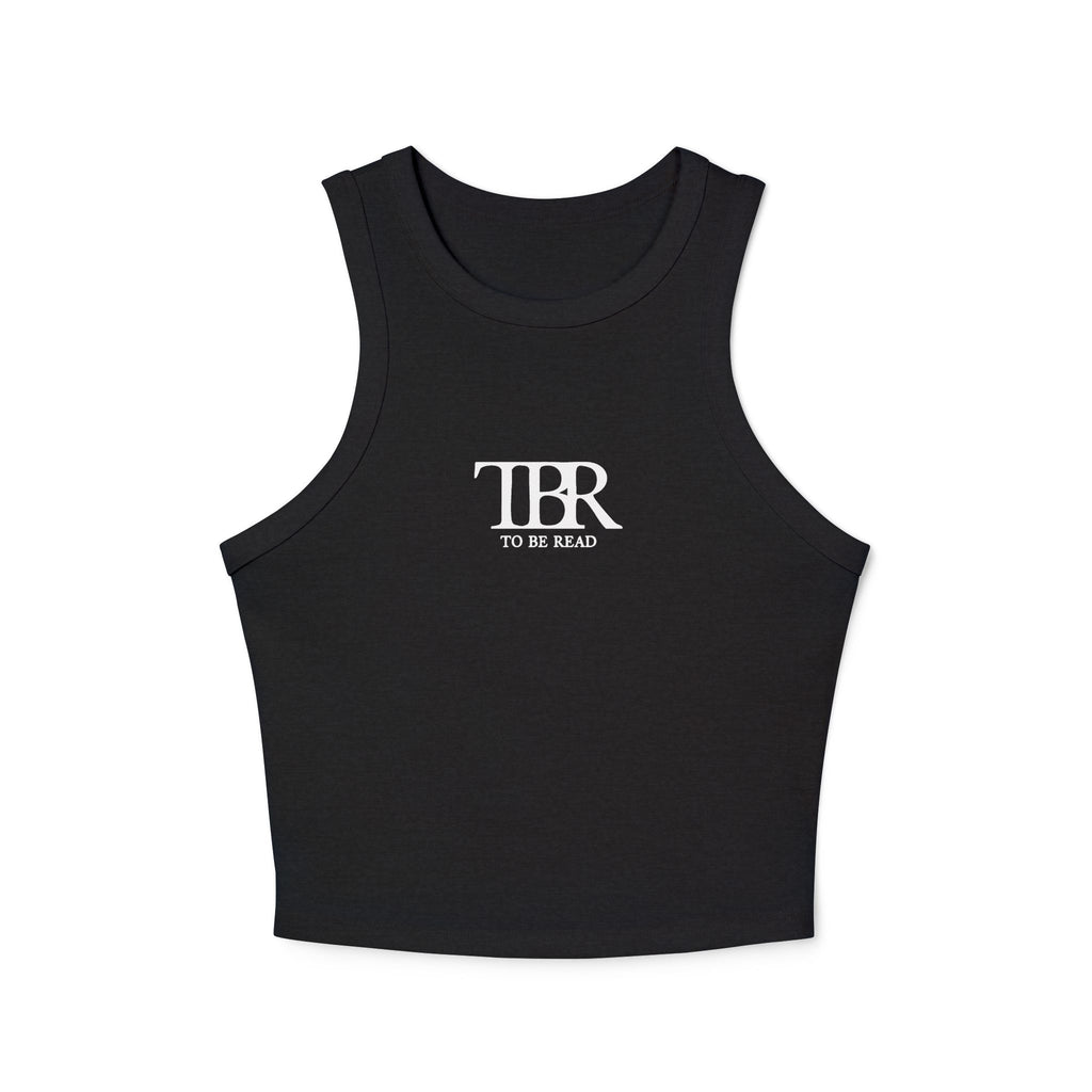 Thtgrlreads bookish apparel featuring a black Comfort Colors cropped tank with a minimalist "TBR To Be Read" vintage puff print graphic, perfect for Book Bestie fans.