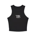 Thtgrlreads bookish apparel featuring a black Comfort Colors cropped tank with a minimalist "TBR To Be Read" vintage puff print graphic, perfect for Book Bestie fans.