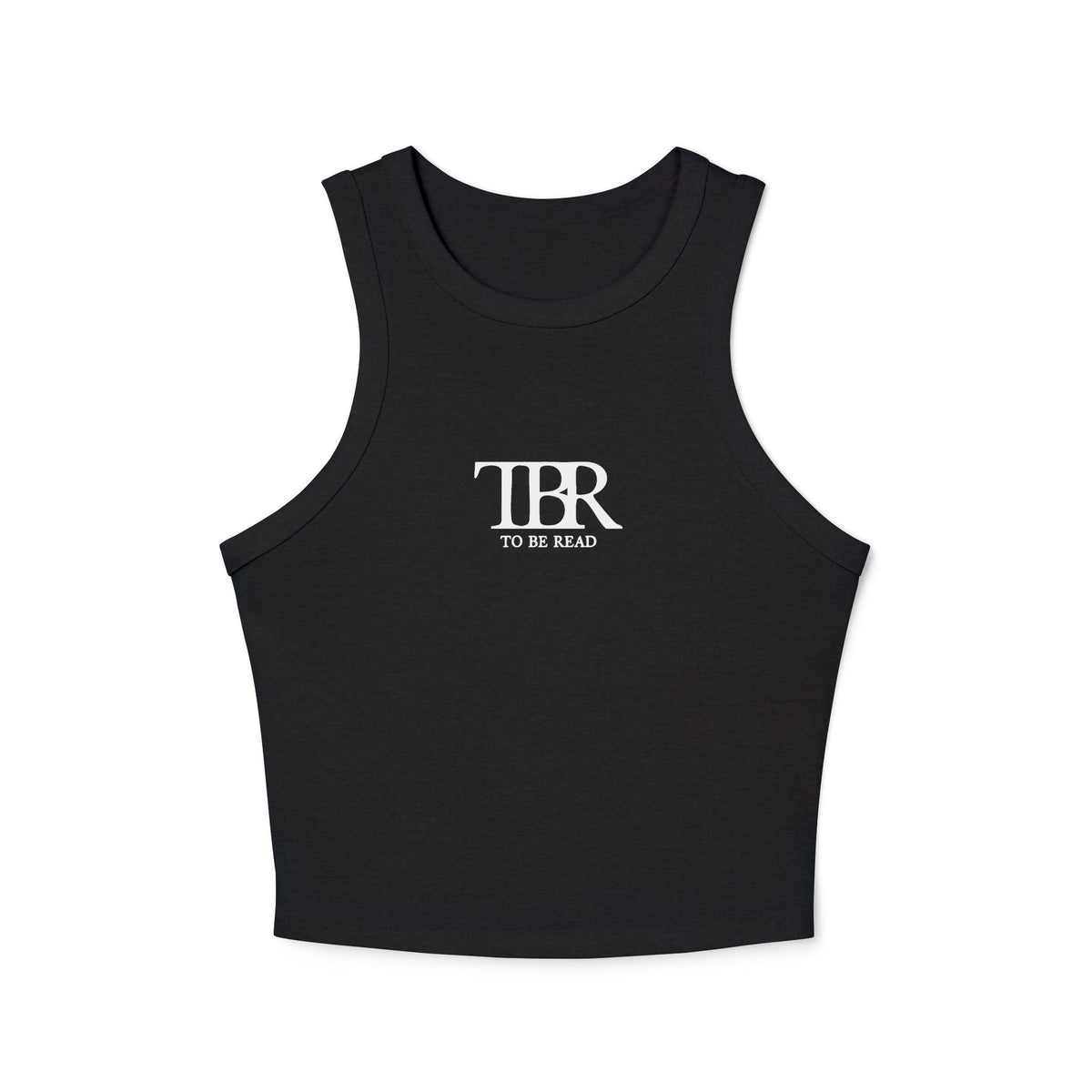 Thtgrlreads bookish apparel featuring a black Comfort Colors cropped tank with a minimalist "TBR To Be Read" vintage puff print graphic, perfect for Book Bestie fans.
