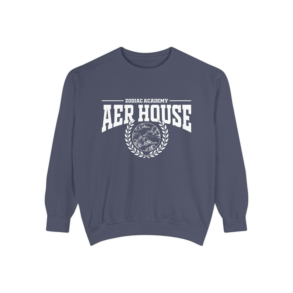 Navy vintage-wash oversized crewneck sweatshirt from thtgrlreads featuring Zodiac Academy Aer House text and emblem in bold white print, part of Zodiac Academy crewnecks collection.