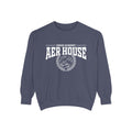 Navy vintage-wash oversized crewneck sweatshirt from thtgrlreads featuring Zodiac Academy Aer House text and emblem in bold white print, part of Zodiac Academy crewnecks collection.