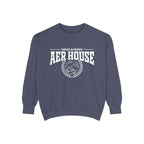 Navy vintage-wash oversized crewneck sweatshirt from thtgrlreads featuring Zodiac Academy Aer House text and emblem in bold white print, part of Zodiac Academy crewnecks collection.