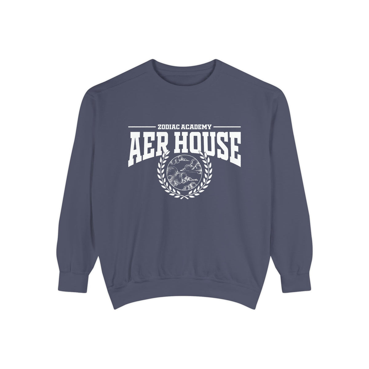 Navy vintage-wash oversized crewneck sweatshirt from thtgrlreads featuring Zodiac Academy Aer House text and emblem in bold white print, part of Zodiac Academy crewnecks collection.