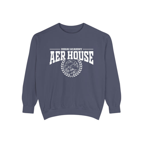 Navy vintage-wash oversized crewneck sweatshirt from thtgrlreads featuring Zodiac Academy Aer House text and emblem in bold white print, part of Zodiac Academy crewnecks collection.