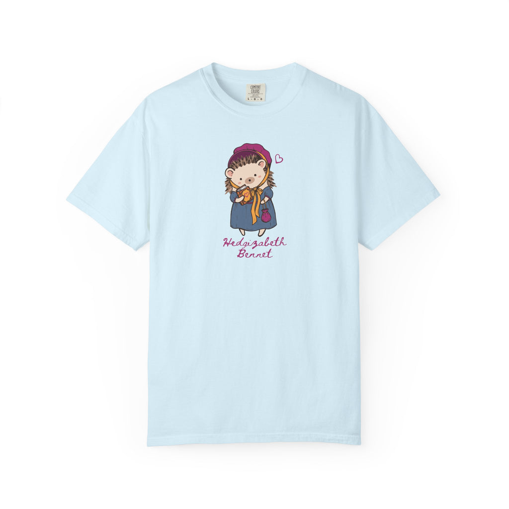 Light blue Comfort Colors tee with a whimsical Hedgizabeth Bennet hedgehog illustration and lettering, inspired by Ali Hazelwood Love Theoretically, from Thtgrlreads