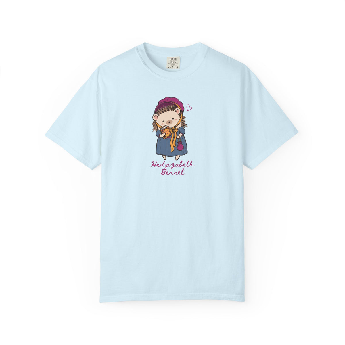 Light blue Comfort Colors tee with a whimsical Hedgizabeth Bennet hedgehog illustration and lettering, inspired by Ali Hazelwood Love Theoretically, from Thtgrlreads