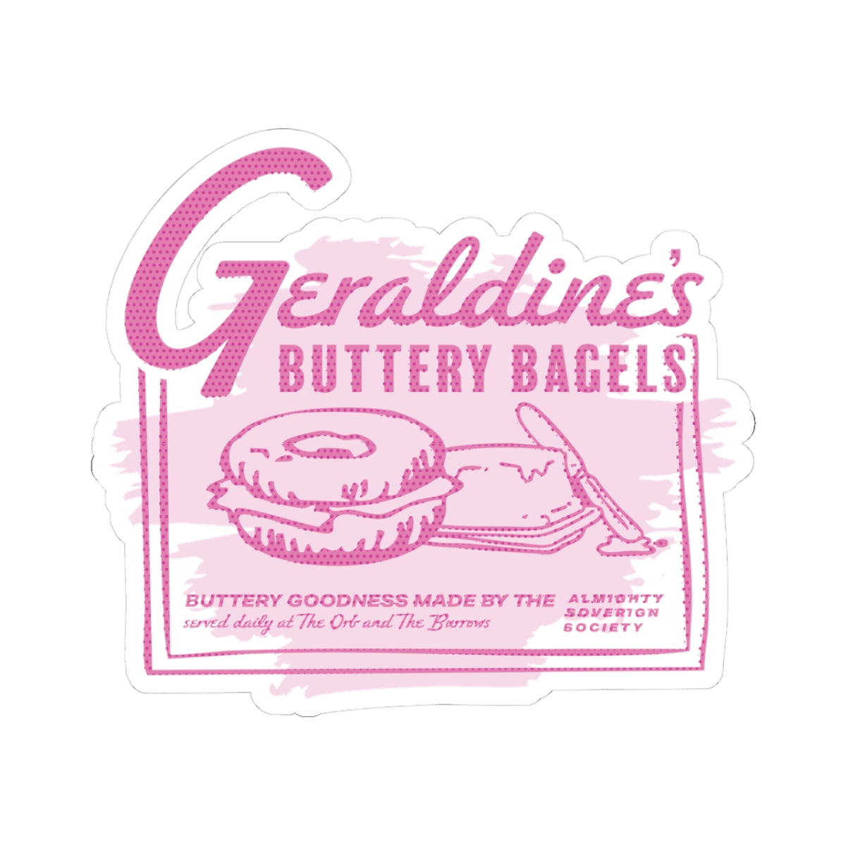 Zodiac Academy inspired Geraldine’s buttery bagels sticker featuring a vintage-style pink design with a bagel and butter knife, from thtgrlreads Stickers collection.