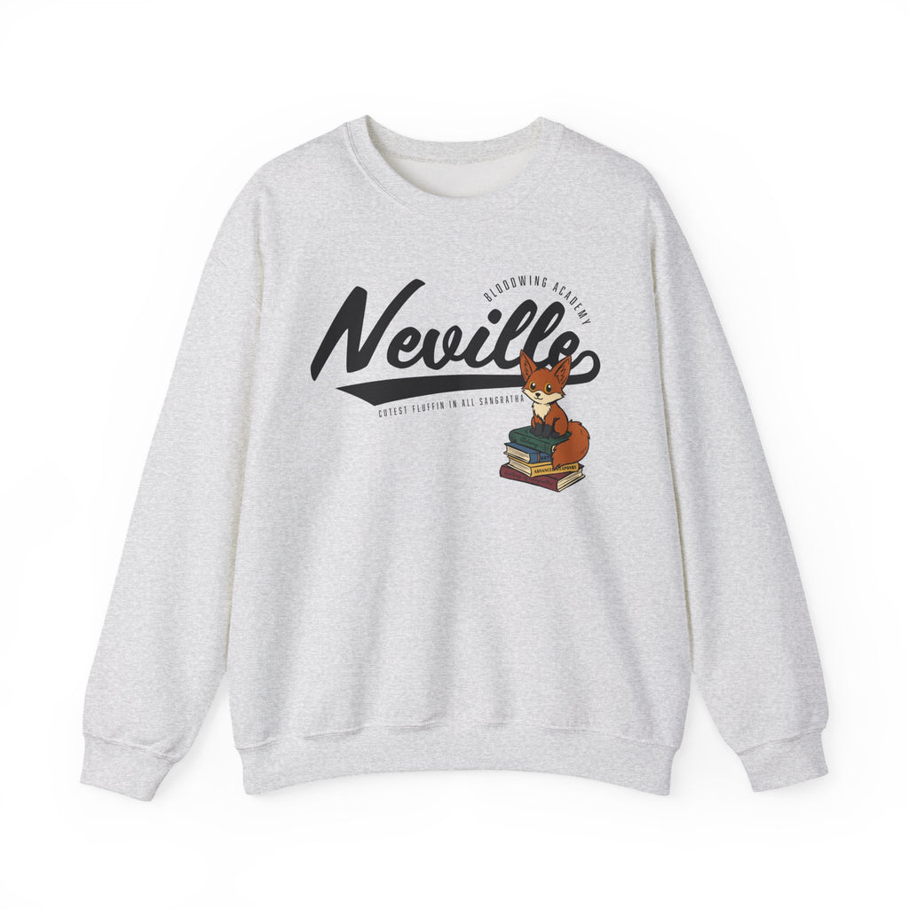 Bloodwing Academy crewneck sweatshirt by thtgrlreads featuring vintage wash Comfort Colors fabric and a playful illustration of a fox sitting on stacked books with bold "Neville" text.