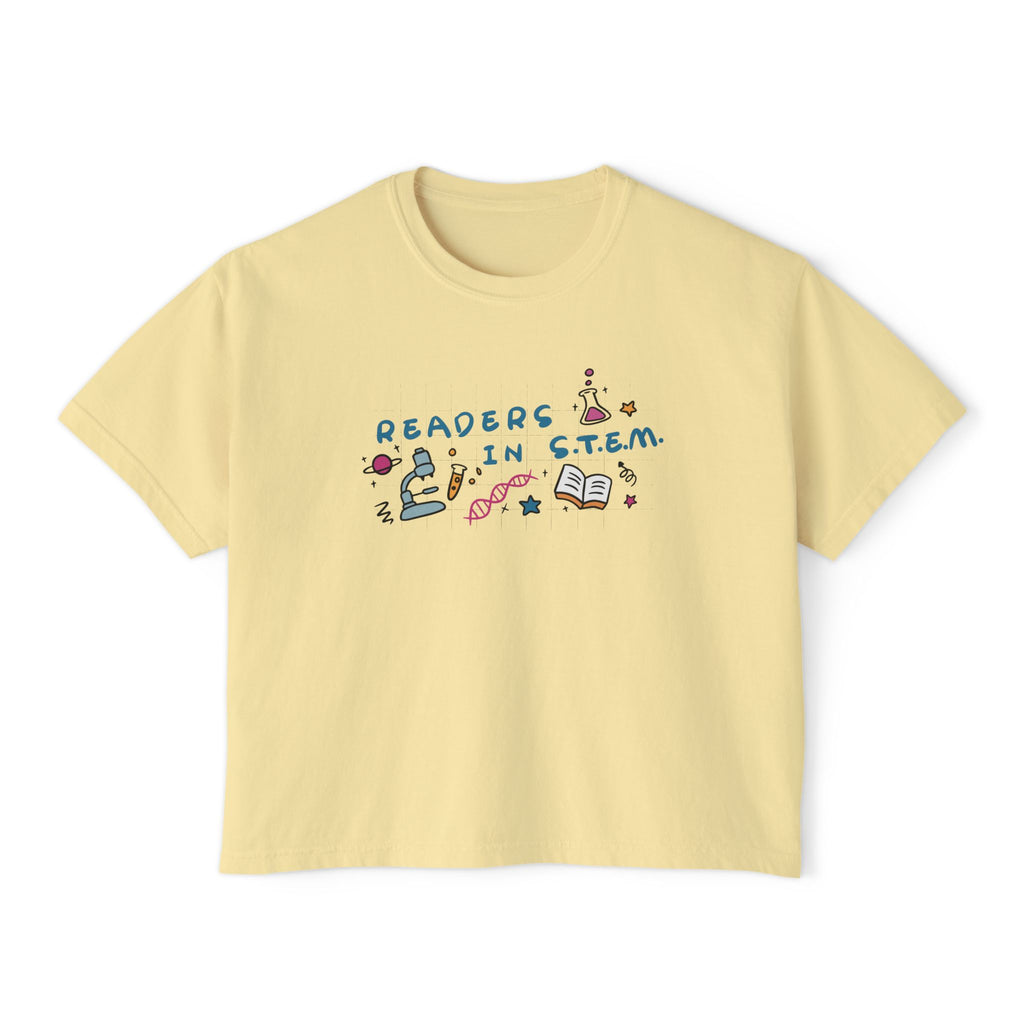 The Love Hypothesis by Ali Hazelwood from thtgrlreads, a pale yellow Comfort Colors cropped tee with Readers in STEM graphic, science icons, DNA, and books