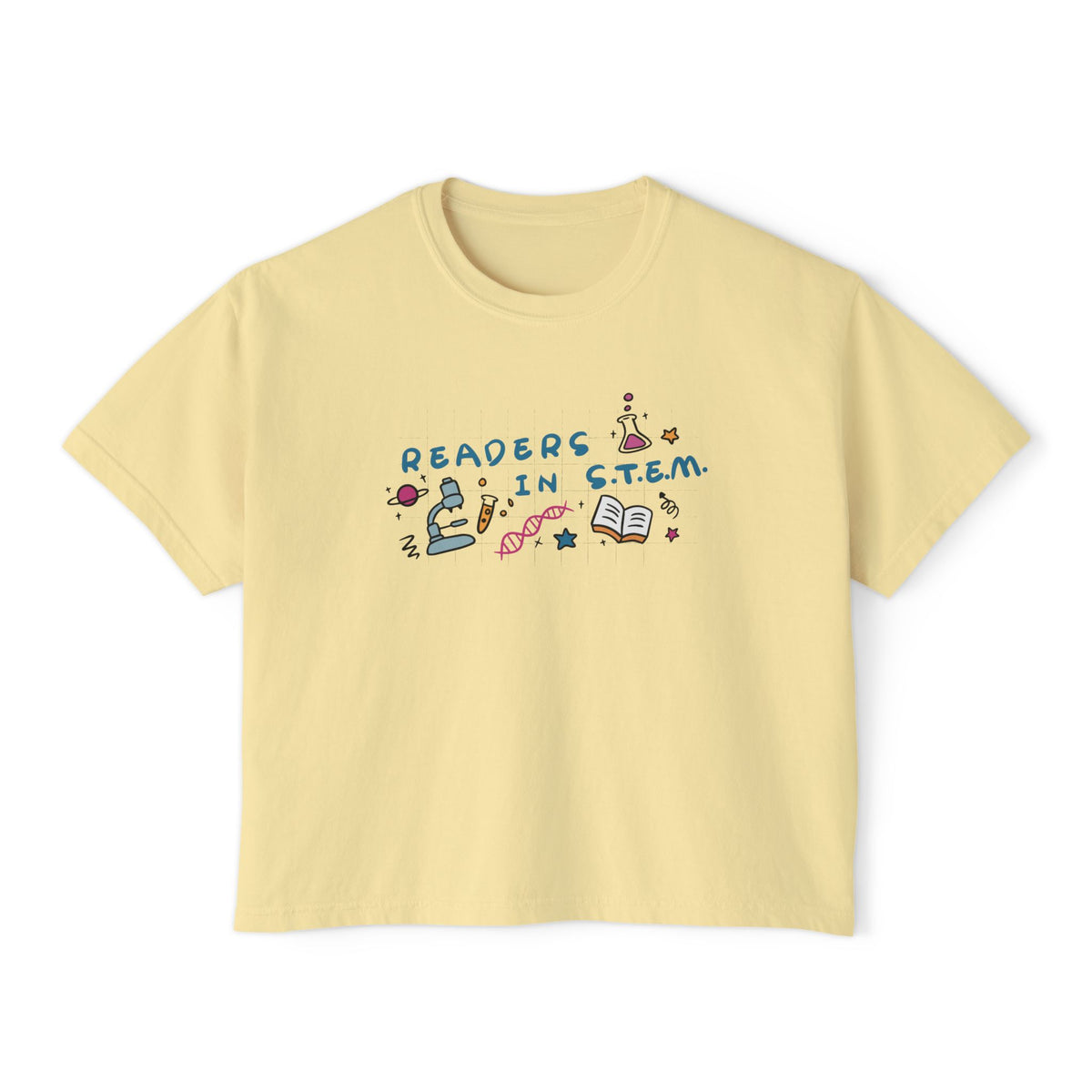 The Love Hypothesis by Ali Hazelwood from thtgrlreads, a pale yellow Comfort Colors cropped tee with Readers in STEM graphic, science icons, DNA, and books