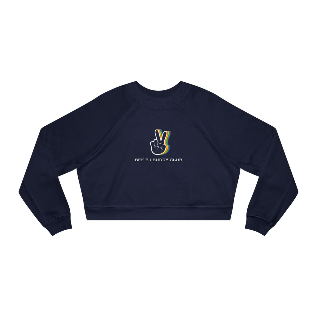 Zodiac Academy collection crop sweatshirt by thtgrlreads featuring a navy vintage-wash Comfort Colors base with a colorful peace hand graphic and "BFF BJ Buddy Club" text in a clean sans-serif font.