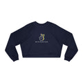 Zodiac Academy collection crop sweatshirt by thtgrlreads featuring a navy vintage-wash Comfort Colors base with a colorful peace hand graphic and "BFF BJ Buddy Club" text in a clean sans-serif font.