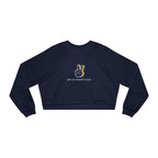 Zodiac Academy collection crop sweatshirt by thtgrlreads featuring a navy vintage-wash Comfort Colors base with a colorful peace hand graphic and "BFF BJ Buddy Club" text in a clean sans-serif font.