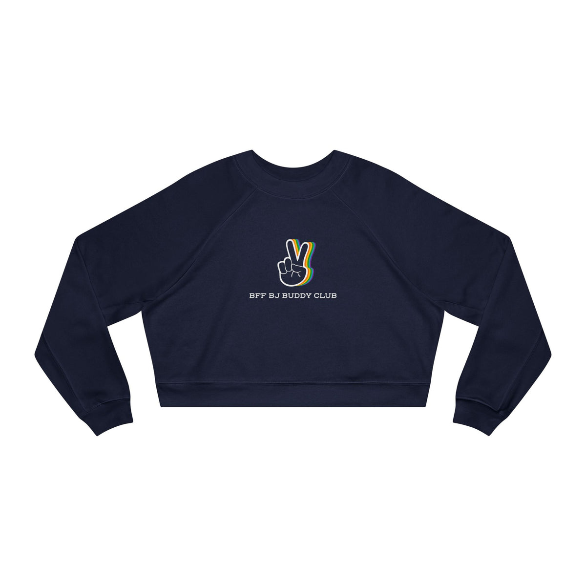 Zodiac Academy collection crop sweatshirt by thtgrlreads featuring a navy vintage-wash Comfort Colors base with a colorful peace hand graphic and "BFF BJ Buddy Club" text in a clean sans-serif font.