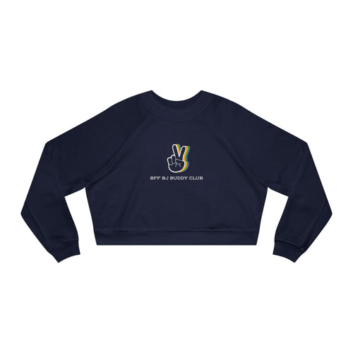 Zodiac Academy collection crop sweatshirt by thtgrlreads featuring a navy vintage-wash Comfort Colors base with a colorful peace hand graphic and "BFF BJ Buddy Club" text in a clean sans-serif font.