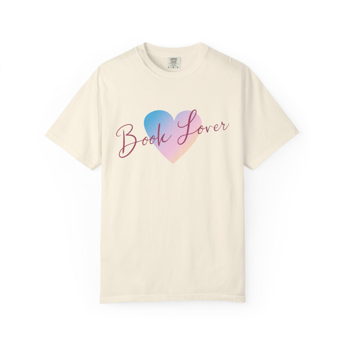 Thtgrlreads comfort colors graphic tee featuring a gradient heart and elegant "Book Lover" script, part of the Book Bestie and Off Brand collections.