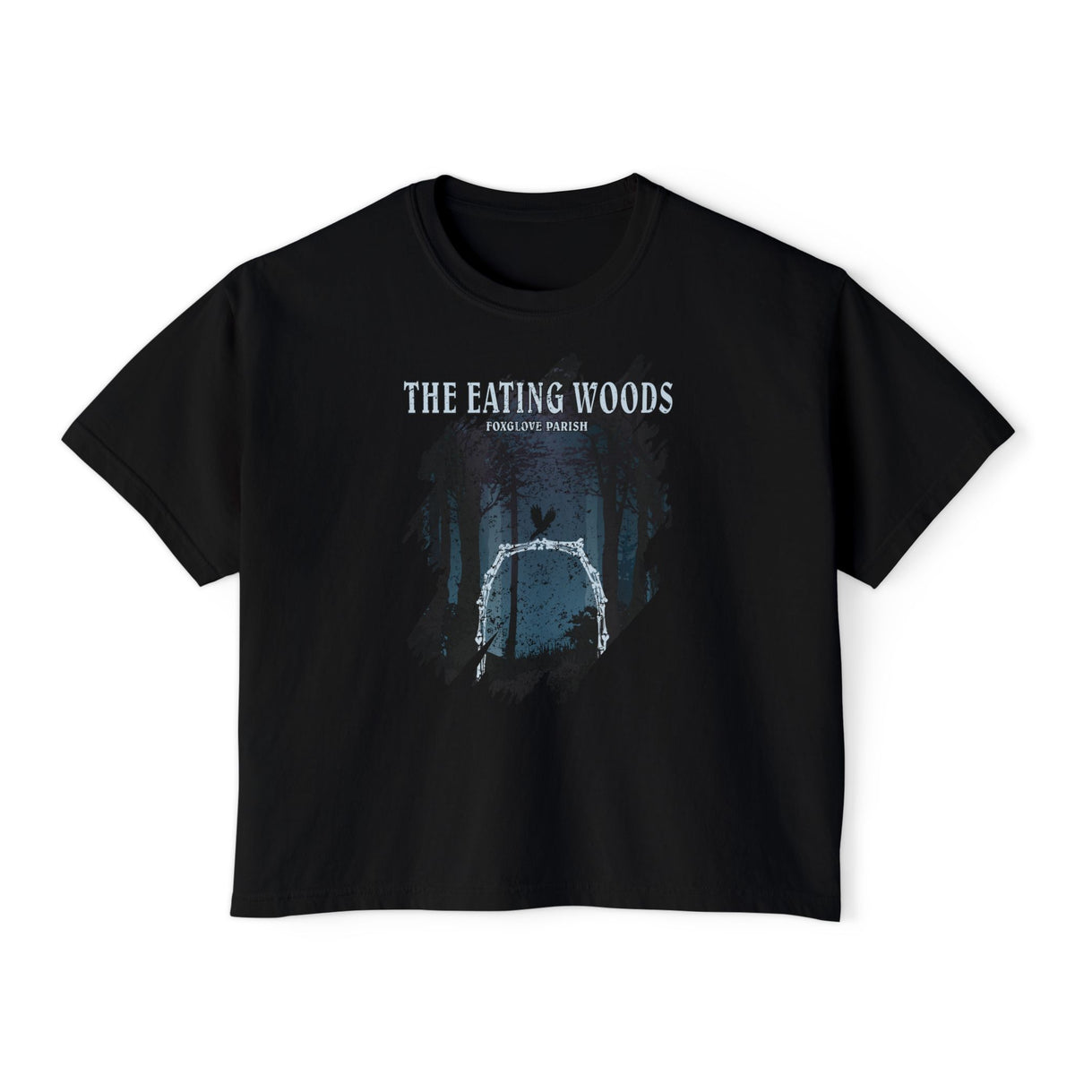 Thtgrlreads officially licensed The Eating Woods collection unisex comfort colors crop top featuring a vintage-washed black base and a dark forest graphic with white arch design.