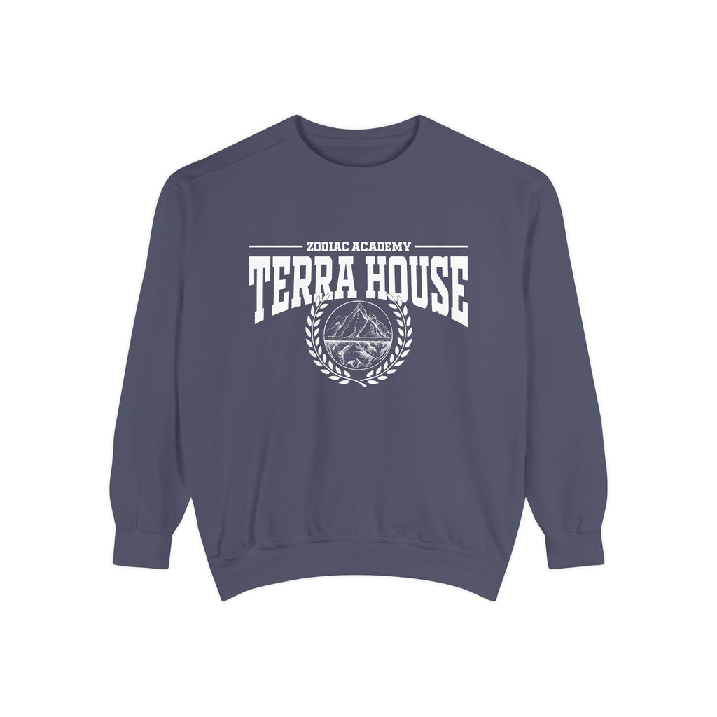Zodiac Academy-themed oversized crewneck sweatshirt by thtgrlreads in vintage-washed blue with bold white "Terra House" text and mountain graphic, perfect for back-to-school cozy wear.