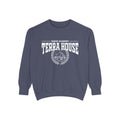 Zodiac Academy-themed oversized crewneck sweatshirt by thtgrlreads in vintage-washed blue with bold white "Terra House" text and mountain graphic, perfect for back-to-school cozy wear.