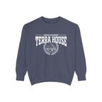 Zodiac Academy-themed oversized crewneck sweatshirt by thtgrlreads in vintage-washed blue with bold white "Terra House" text and mountain graphic, perfect for back-to-school cozy wear.