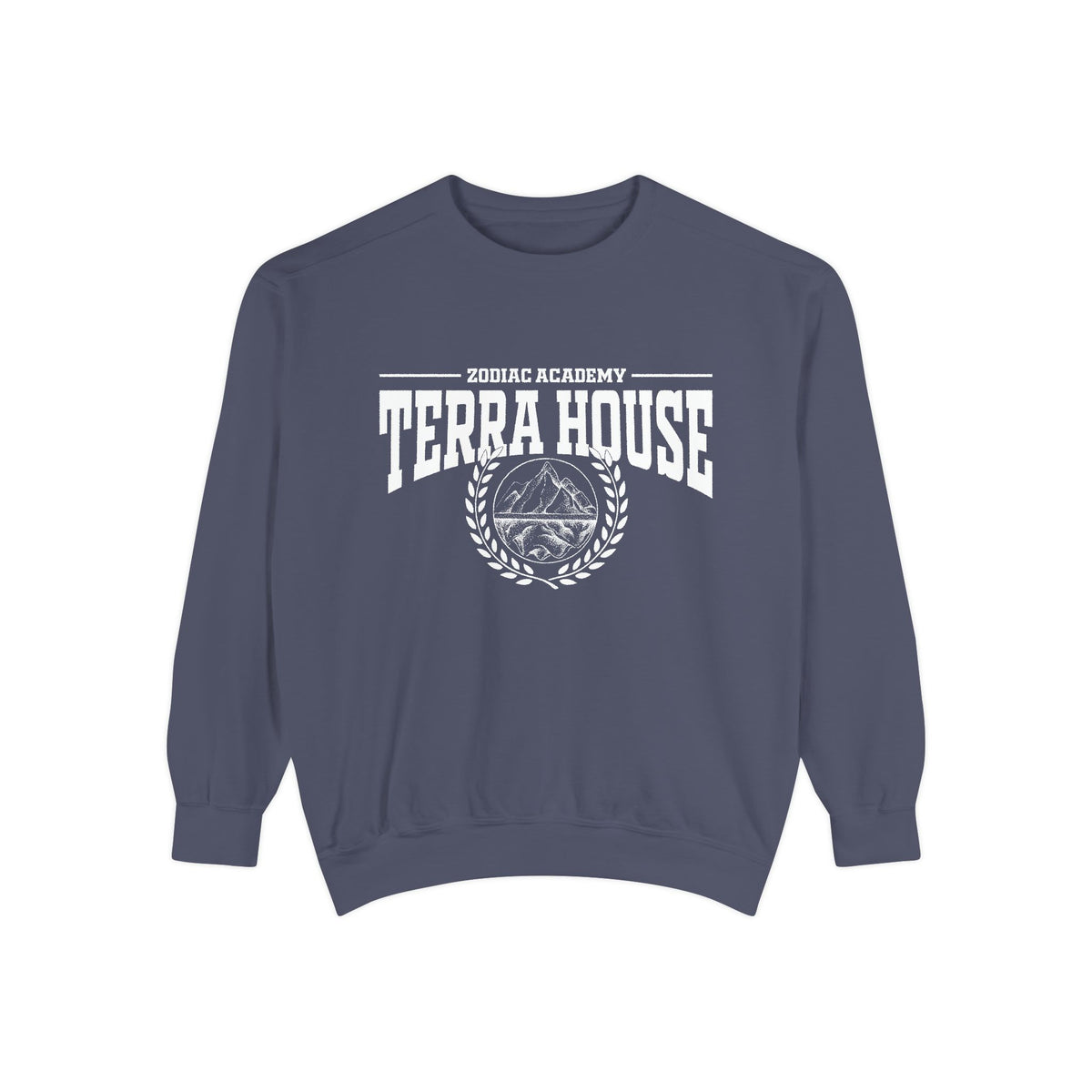 Zodiac Academy-themed oversized crewneck sweatshirt by thtgrlreads in vintage-washed blue with bold white "Terra House" text and mountain graphic, perfect for back-to-school cozy wear.