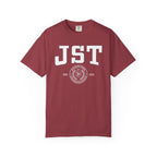 Maroon Comfort Colors unisex tee featuring bold white JST lettering and a circular MIT emblem with EST 2023 print from the Ali Hazelwood Tees collection