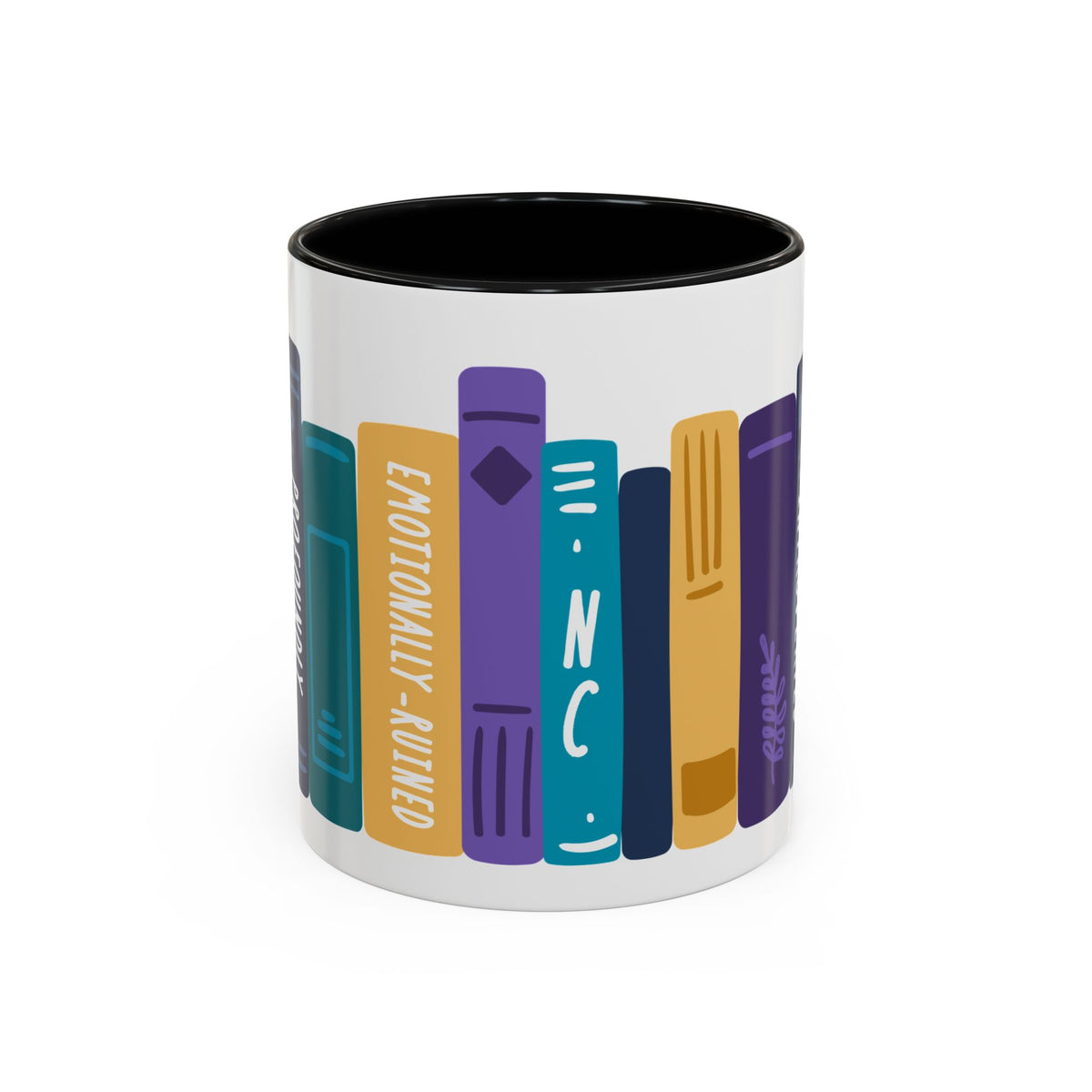 White ceramic mug with black interior featuring colorful, stylized book spines including one labeled "Emotionally Ruined" in a playful design by thtgrlreads.