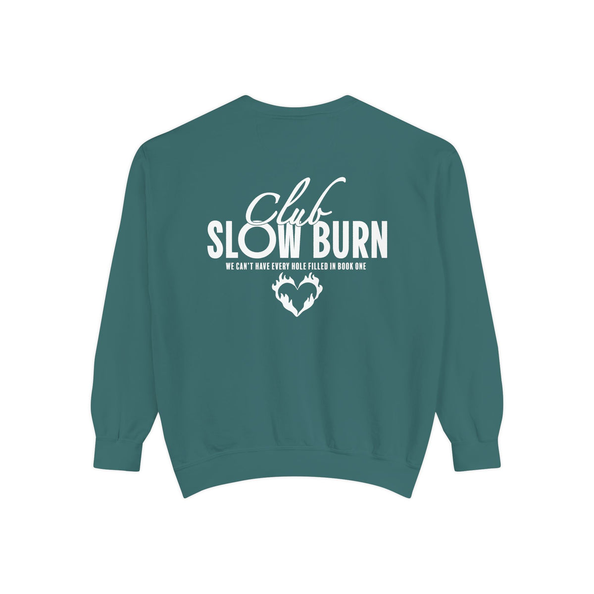 A vintage-washed Comfort Colors oversized crewneck sweatshirt in teal featuring white graphic text "Club Slow Burn" and a heart design, officially licensed by thtgrlreads, perfect for Book Bestie and Crewnecks collections.