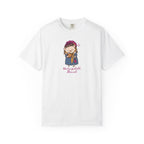 White Comfort Colors unisex tee featuring a cute illustrated hedgehog dressed as Hedgizabeth Bennet with pink lettering from Thtgrlreads Ali Hazelwood bookish apparel
