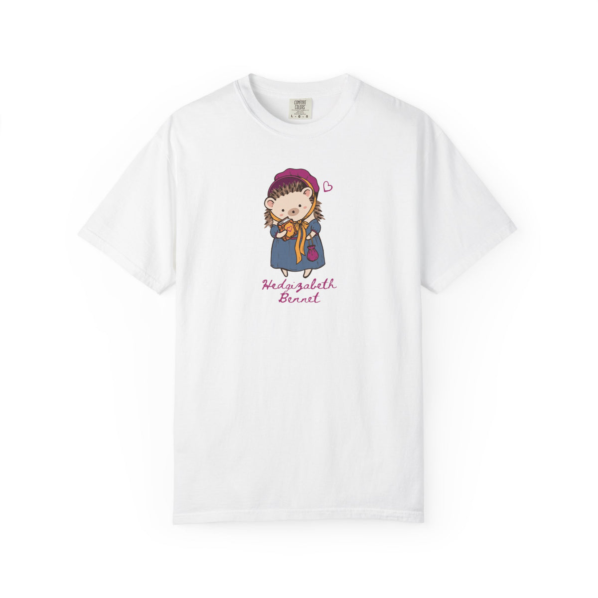 White Comfort Colors unisex tee featuring a cute illustrated hedgehog dressed as Hedgizabeth Bennet with pink lettering from Thtgrlreads Ali Hazelwood bookish apparel