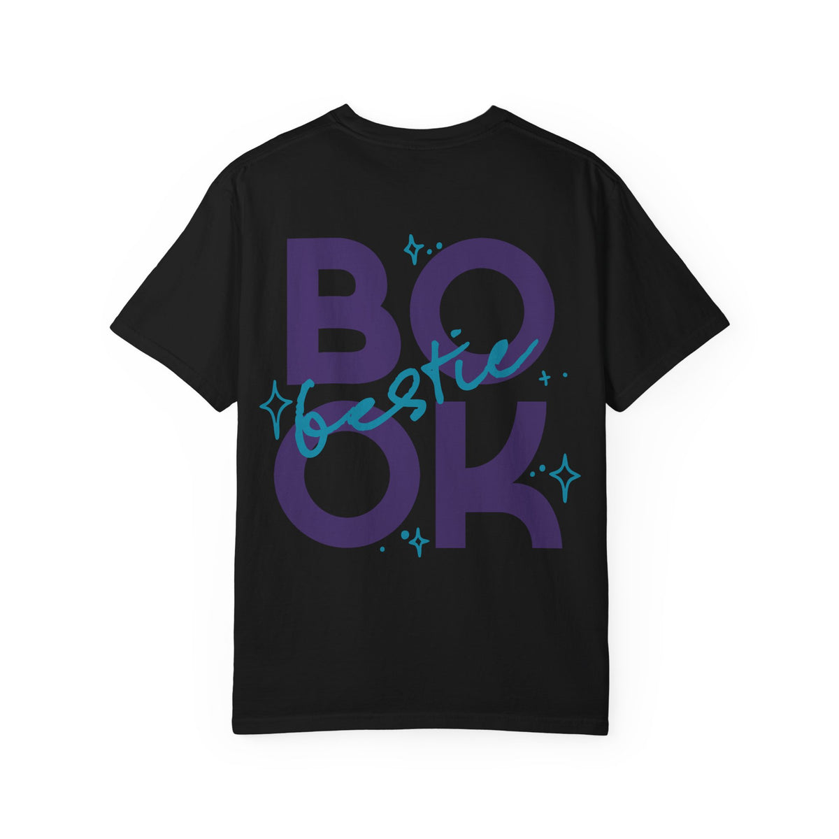 Thtgrlreads Book Bestie collection black Comfort Colors graphic tee featuring bold purple "BOOK" text with blue handwritten "bestie" overlay and star accents, unisex fit.