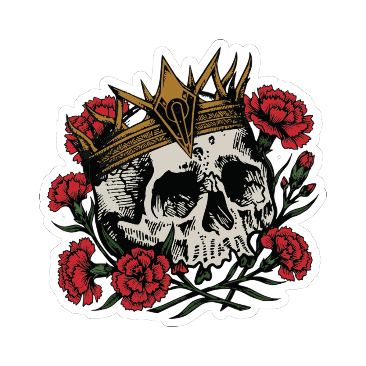 Liv Zander inspired skull sticker with a detailed gold crown and vibrant red carnations, part of the thtgrlreads Stickers collection celebrating romantasy themes.