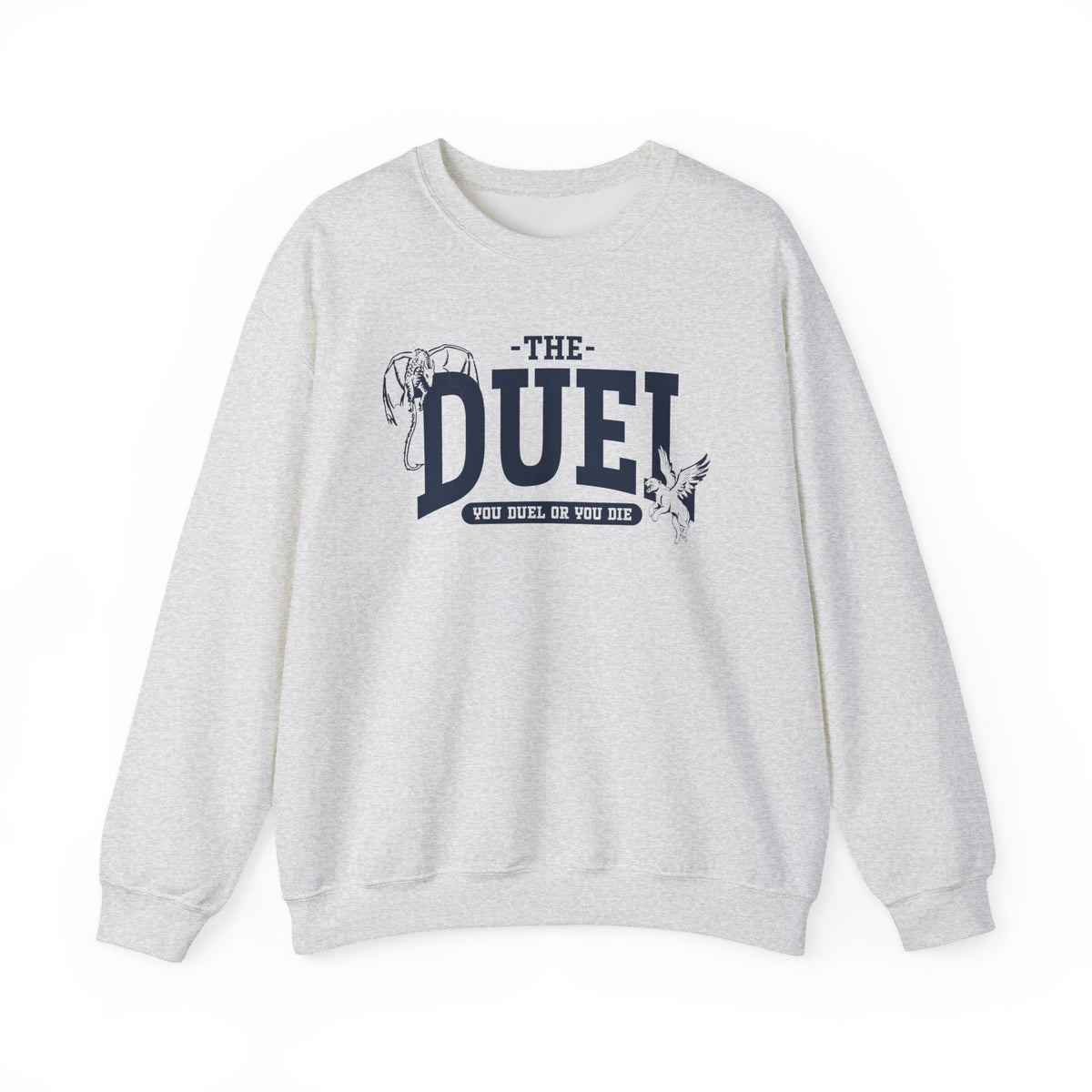 thtgrlreads Blood Bound collection oversized crewneck sweatshirt featuring vintage wash Comfort Colors fabric with bold navy graphic text "THE DUEL" and illustrations, printed by Printify.