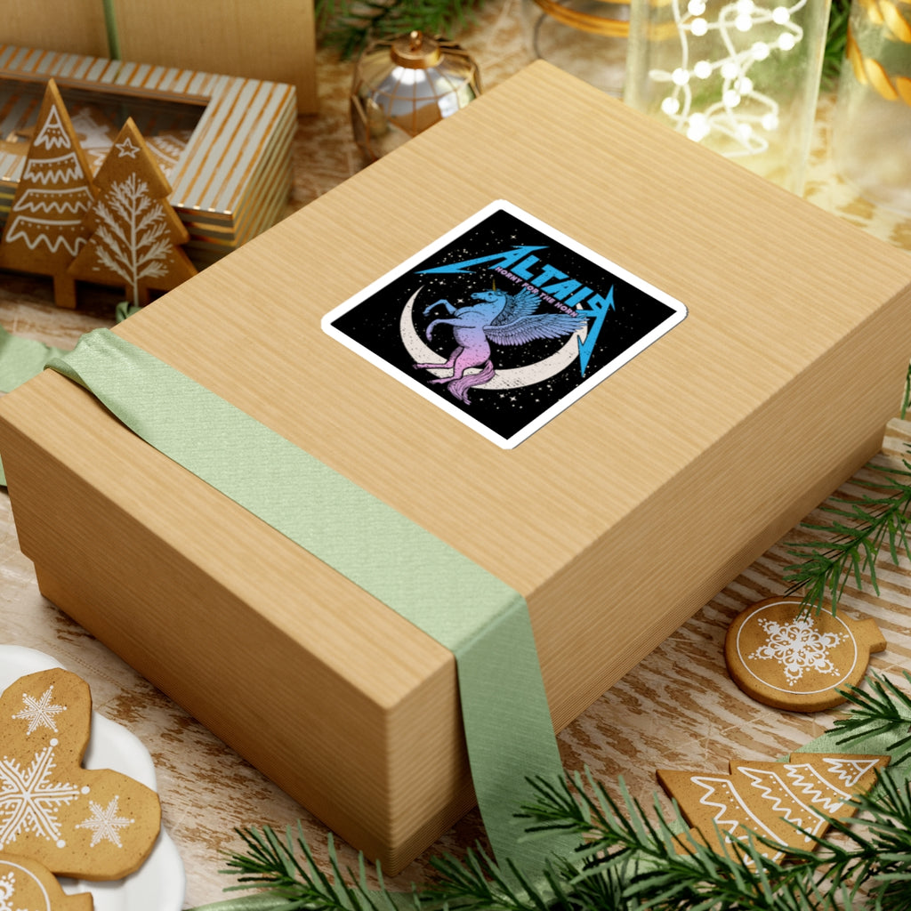Square sticker from thtgrlreads featuring a purple Pegasus with wings flying in front of a crescent moon and starry night sky, inspired by the Zodiac Academy collection, displayed on a wrapped gift box with a light green ribbon.