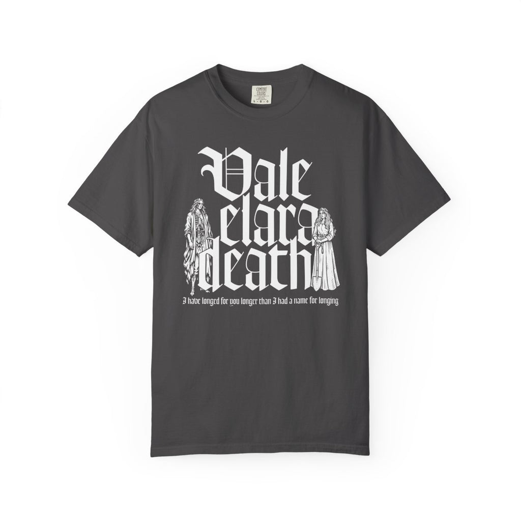 Thtgrlreads Liv Zander collection Comfort Colors graphic tee featuring vintage wash charcoal fabric with white gothic script "Vale Elara Death" and illustrated characters, perfect for fans of Romantasy book merch.