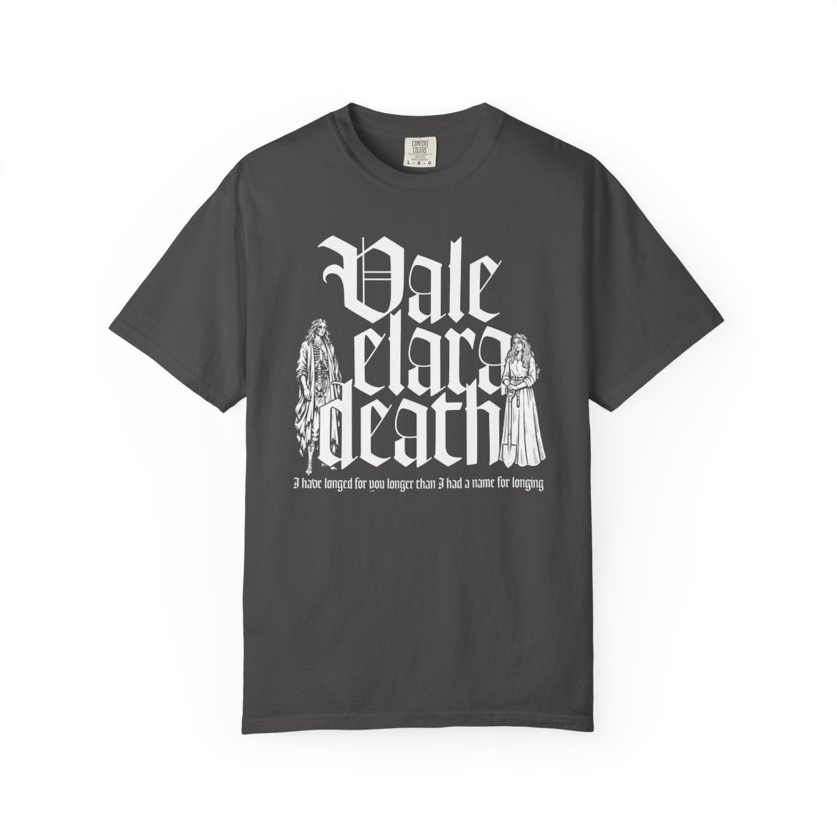 Thtgrlreads Liv Zander collection Comfort Colors graphic tee featuring vintage wash charcoal fabric with white gothic script "Vale Elara Death" and illustrated characters, perfect for fans of Romantasy book merch.