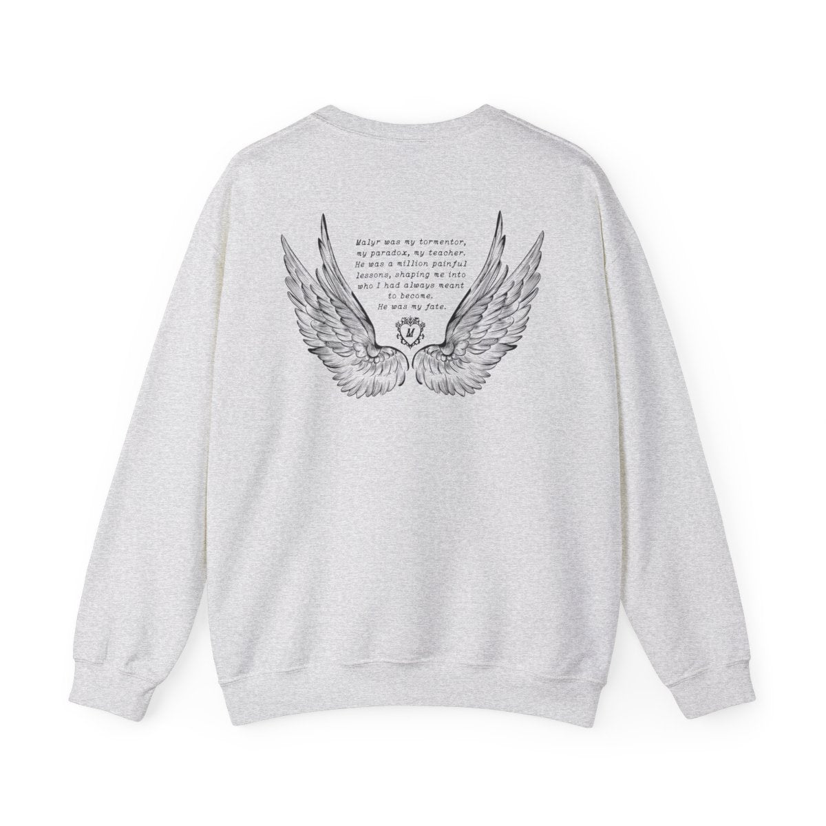Liv Zander collection oversized crewneck from thtgrlreads featuring vintage-wash light gray Comfort Colors fabric and a detailed black wing graphic with poetic text on the back.