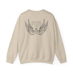 Liv Zander collection oversized crewneck sweatshirt by thtgrlreads featuring detailed vintage-style wing graphic and poetic text on a soft Comfort Colors base in a neutral tone.
