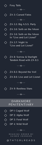Zodiac Academy reading order bookmark by thtgrlreads featuring a dark background with white serif typography listing book titles and series divisions from Zodiac Academy and Darkmore Penitentiary collections.