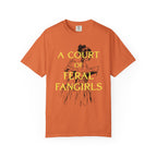 Comfort Colors graphic tee in vintage orange from thtgrlreads featuring a vintage-style illustration and yellow text reading "A Court of Feral Fangirls," part of Book Bestie and Off Brand collections.