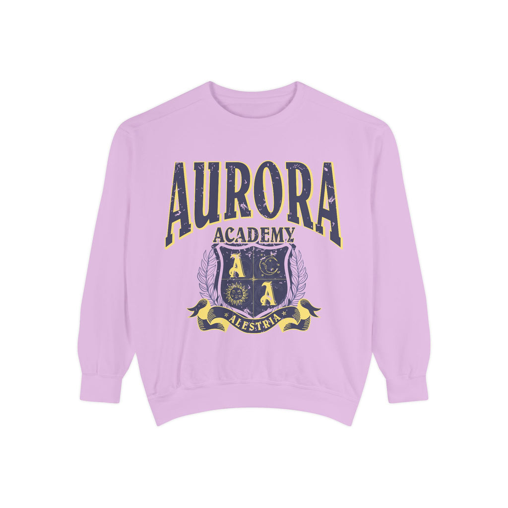 Thtgrlreads officially licensed Aurora Academy oversized crewneck sweatshirt featuring a vintage puff print graphic with Alestria crest, from the Back to School collection.