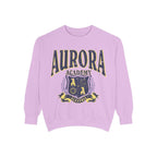 Thtgrlreads officially licensed Aurora Academy oversized crewneck sweatshirt featuring a vintage puff print graphic with Alestria crest, from the Back to School collection.