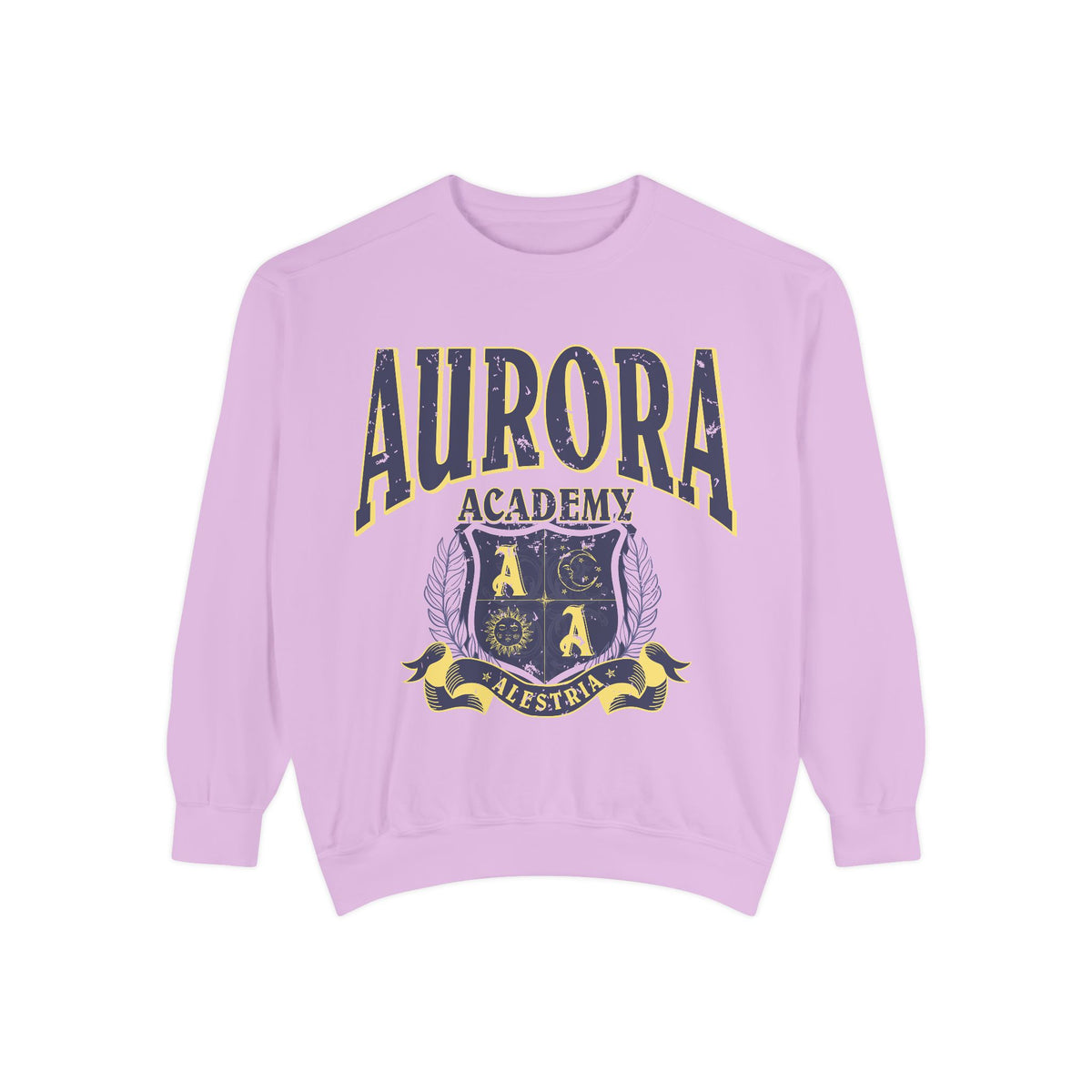 Thtgrlreads officially licensed Aurora Academy oversized crewneck sweatshirt featuring a vintage puff print graphic with Alestria crest, from the Back to School collection.