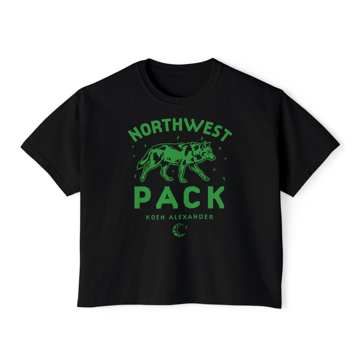 Black Comfort Colors cropped tee featuring a green wolf graphic with Northwest Pack lettering, officially licensed Ali Hazelwood bookish apparel from Thtgrlreads Tees.