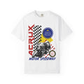 Thtgrlreads Zodiac Academy collection Comfort Colors graphic tee featuring a vintage-style print of a motorcycle racer with bold red "Acrux" text and checkered flag design on a soft white unisex fit shirt.