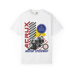 Thtgrlreads Zodiac Academy collection Comfort Colors graphic tee featuring a vintage-style print of a motorcycle racer with bold red "Acrux" text and checkered flag design on a soft white unisex fit shirt.