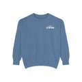A vintage-wash blue oversized crewneck sweatshirt from thtgrlreads featuring a small white "Slow Burn" text graphic on the chest, part of the Book Bestie and Crewnecks collections.